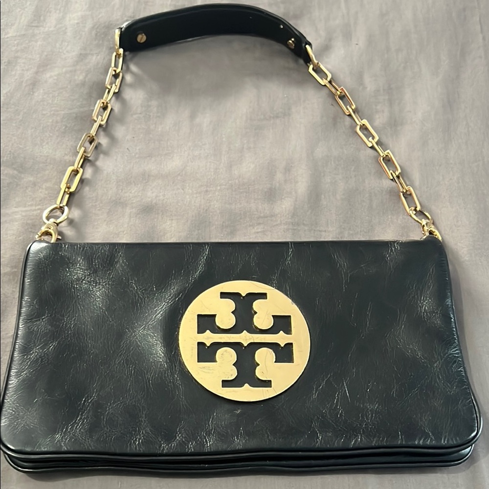 Tory Burch Black Leather Clutch with Gold Chain